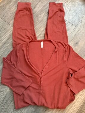 Athleta Wind Down Sleep Romper Waffle Knit Henley One Piece Terracotta Rose L